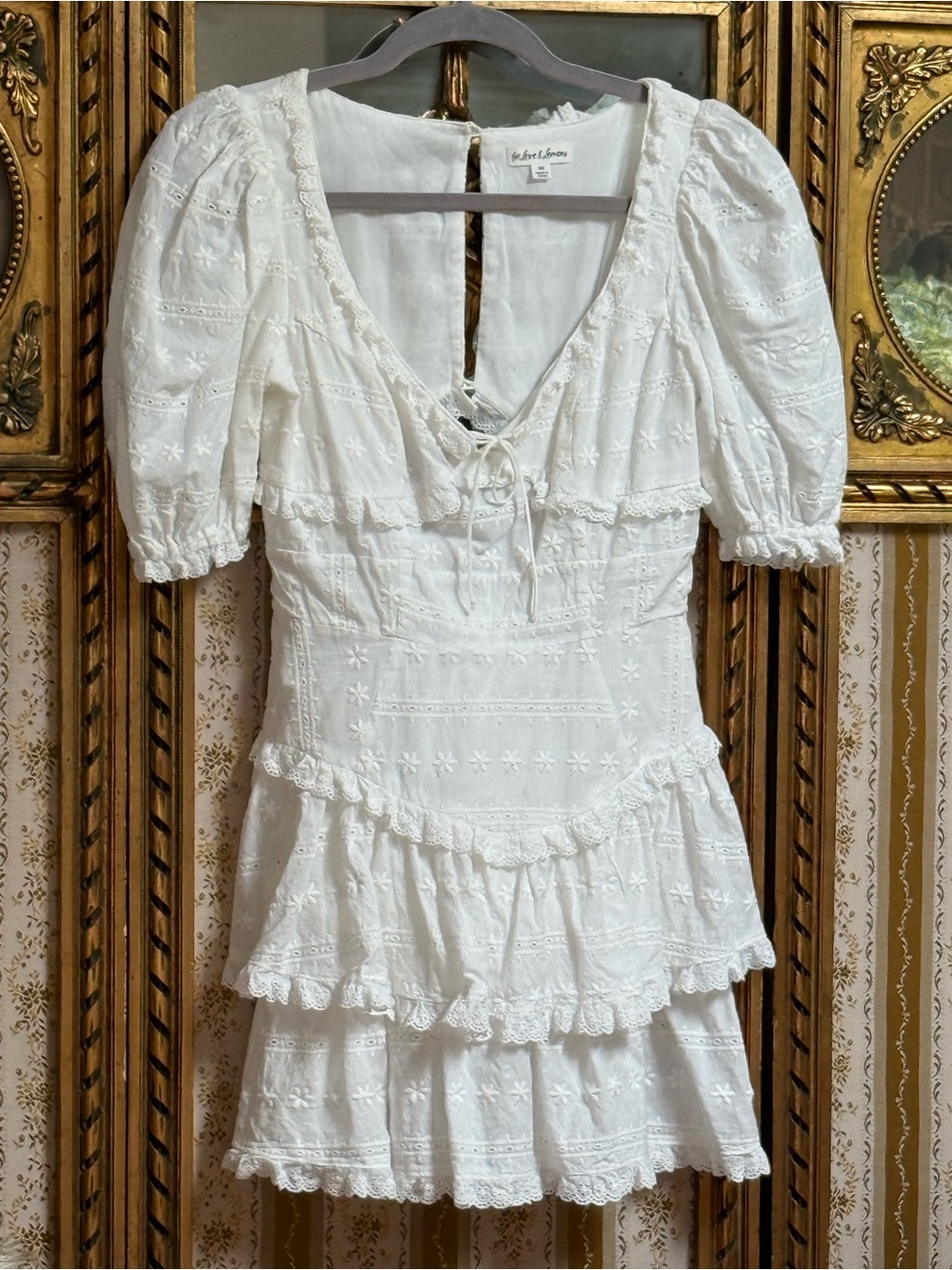 For Love & Lemons White Eyelet Ruffle Mini Dress